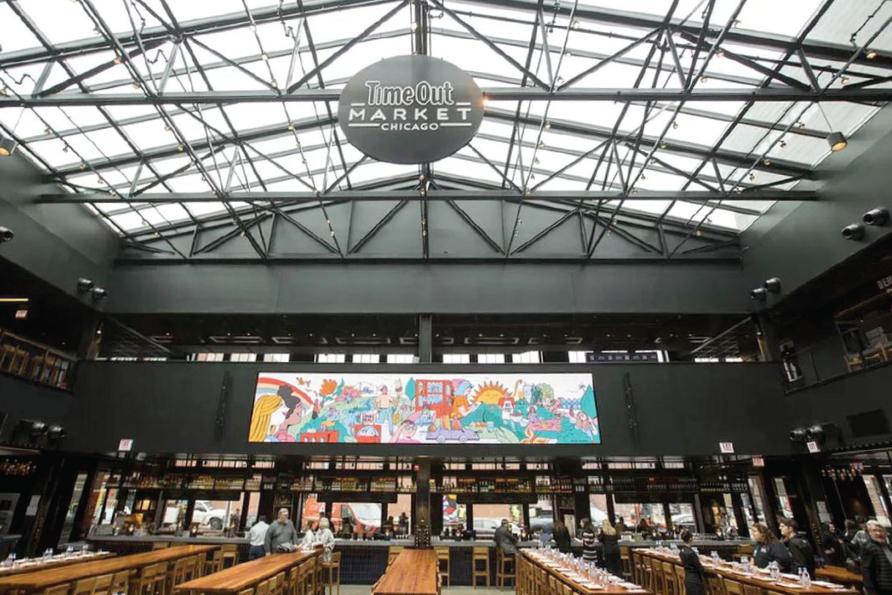 The interior of food hall TimeOut Market Chicago
